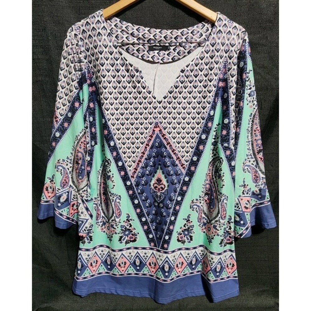 REBORN Tunic Top Shirt Womens 2X Teal Pink 3/4 Bell Sleeves Boho Flowy Plus NEW